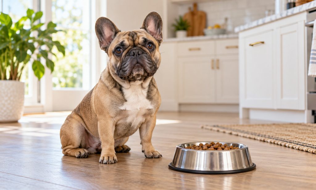 French Bulldog sitting by a bowl of dry dog food in a home kitchen