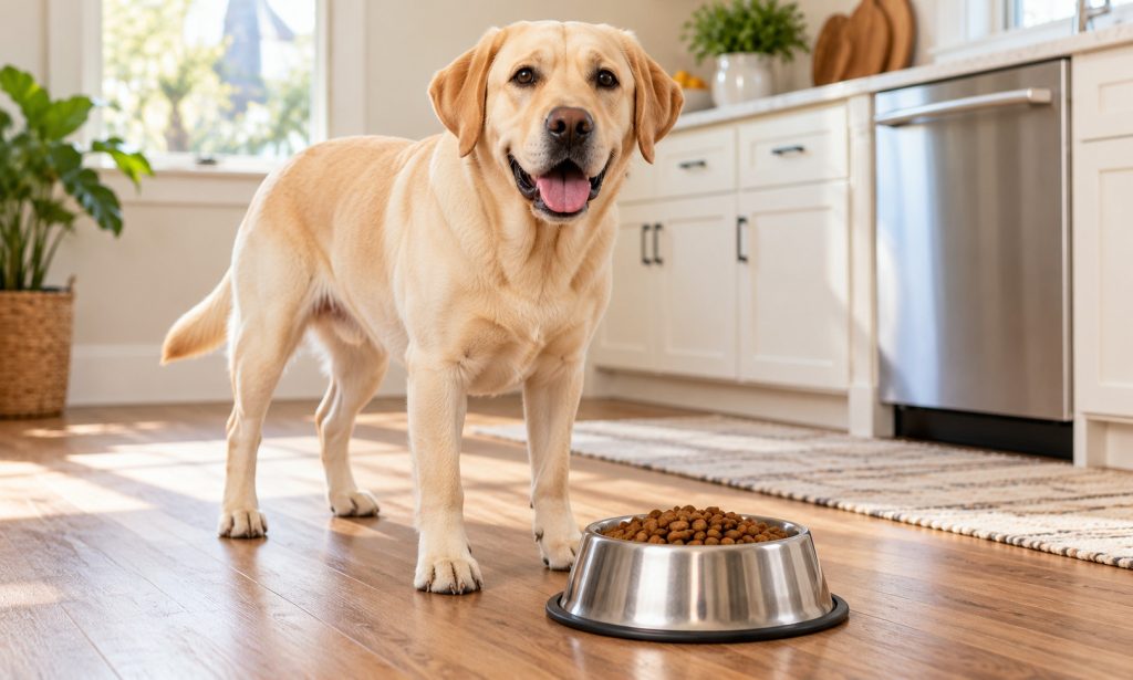 Yellow Labrador Retriever beside a bowl of dog food in a home kitchen
