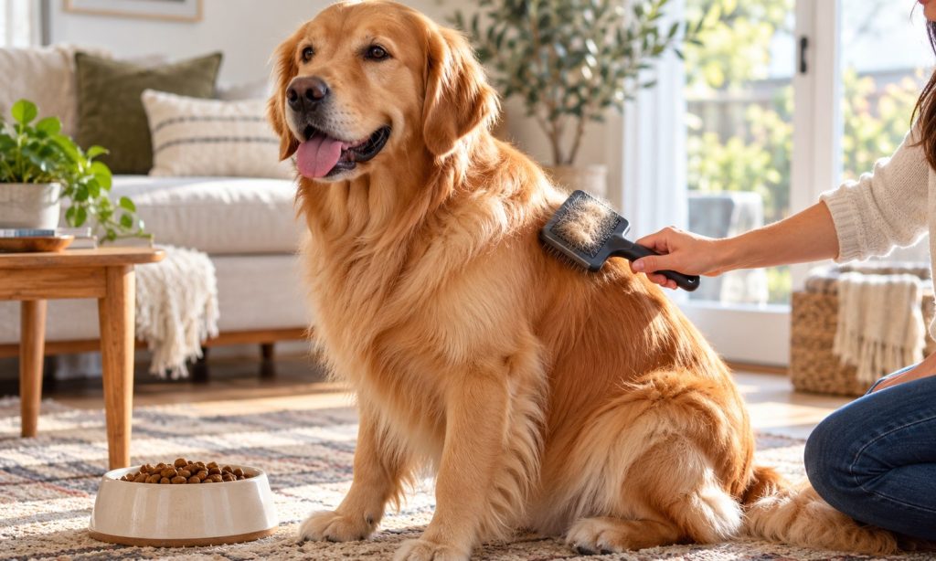 A golden retriever being gently brushed beside a bowl of dog food