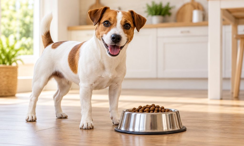 Jack Russell Terrier beside a bowl of dry dog food