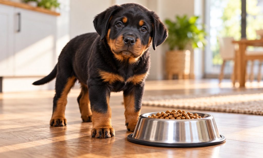 Rottweiler puppy beside a bowl of puppy kibble