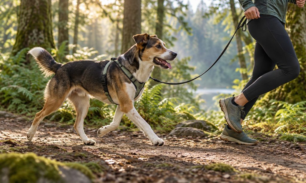 Athletic dog jogging beside its owner on a wooded trail while wearing a fitted running harness