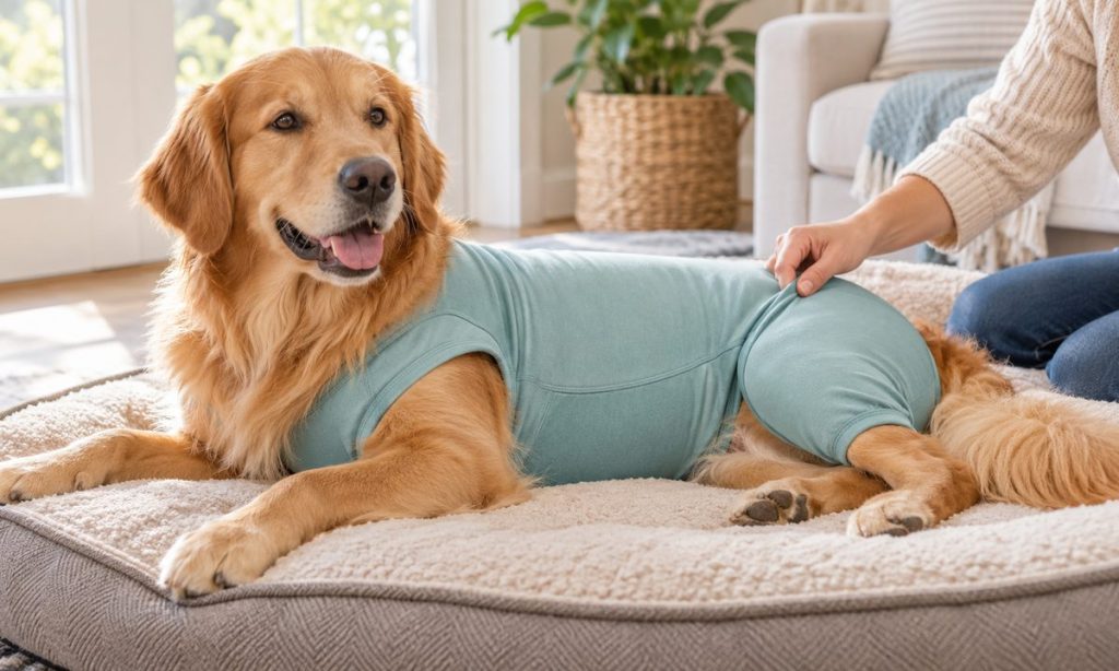 Golden retriever wearing a teal recovery suit while resting at home
