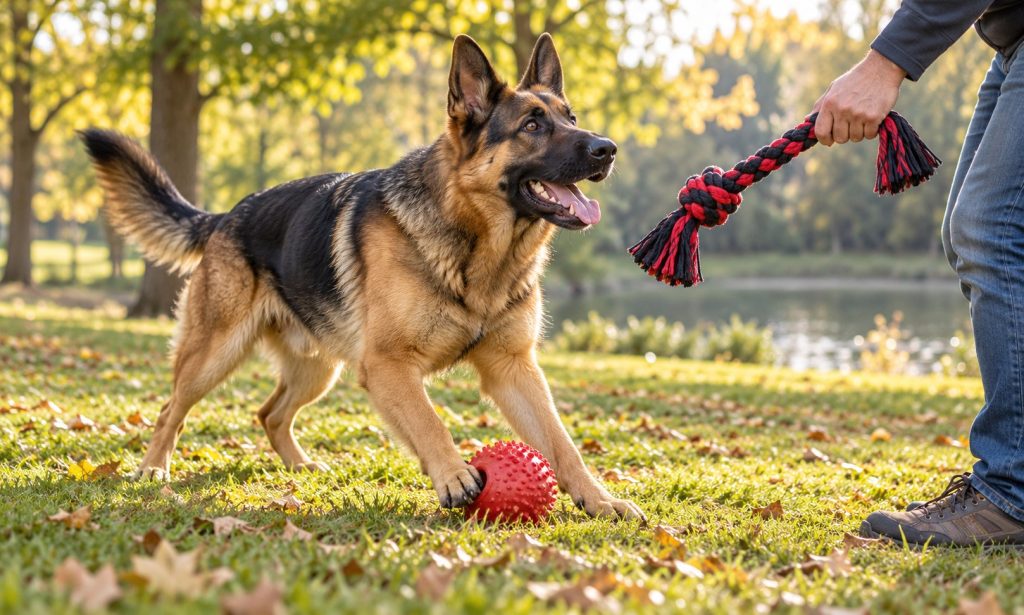 German Shepherd playing with a rubber ball and tug toy in a park