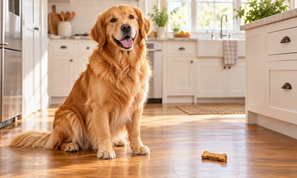 Large golden retriever sitting beside a plain dog biscuit