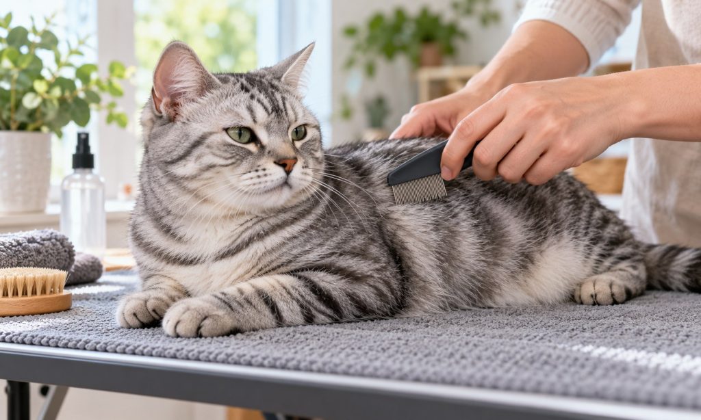 A tabby cat is gently checked with a fine-tooth flea comb