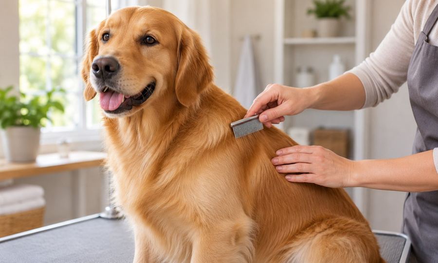 Golden retriever receiving a gentle flea combing during grooming