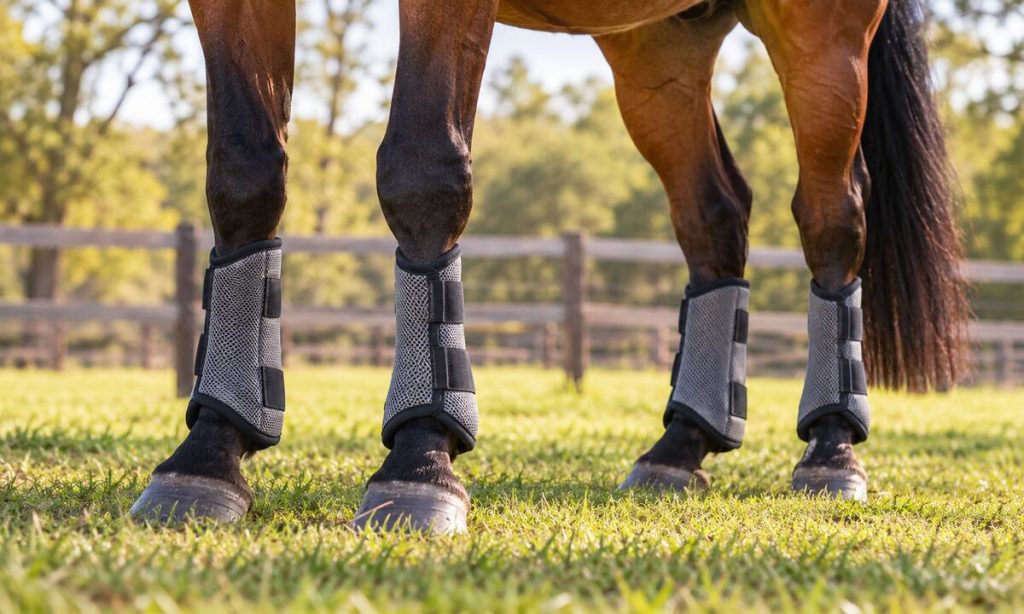 Bay horse wearing breathable mesh fly boots in a grassy paddock
