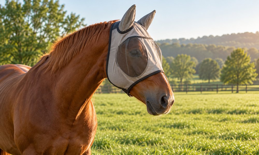 Chestnut horse wearing a UV mesh fly mask in a pasture