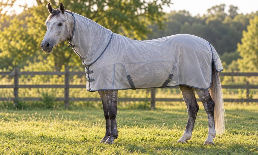 Dapple-gray horse wearing a breathable mesh fly sheet in pasture