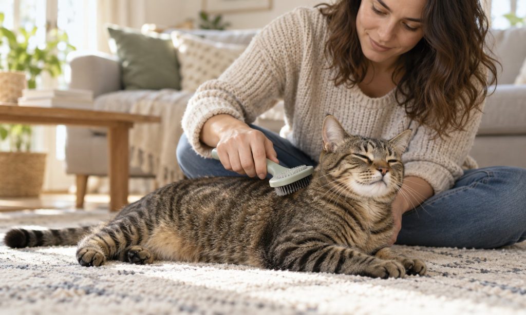 Short-haired tabby cat calmly receiving a gentle brushing at home