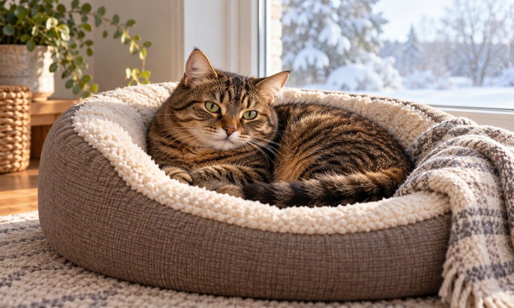 Brown tabby curled in a plush indoor cat bed by a snowy window