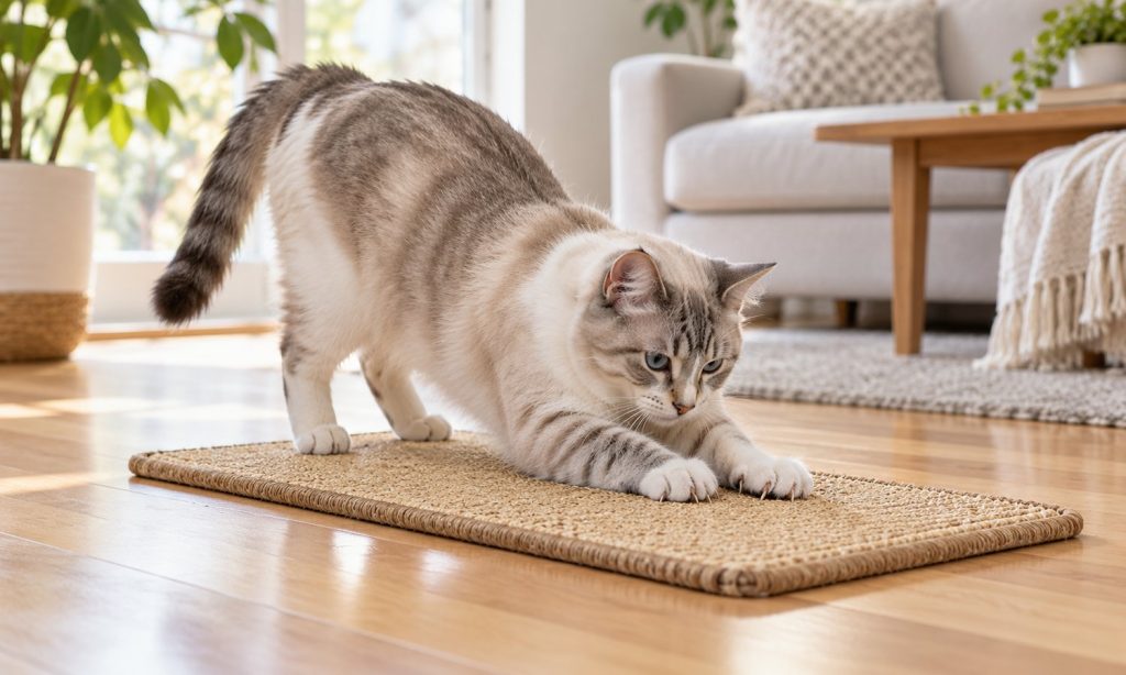 Cream and gray cat stretching and scratching a flat sisal mat on the floor