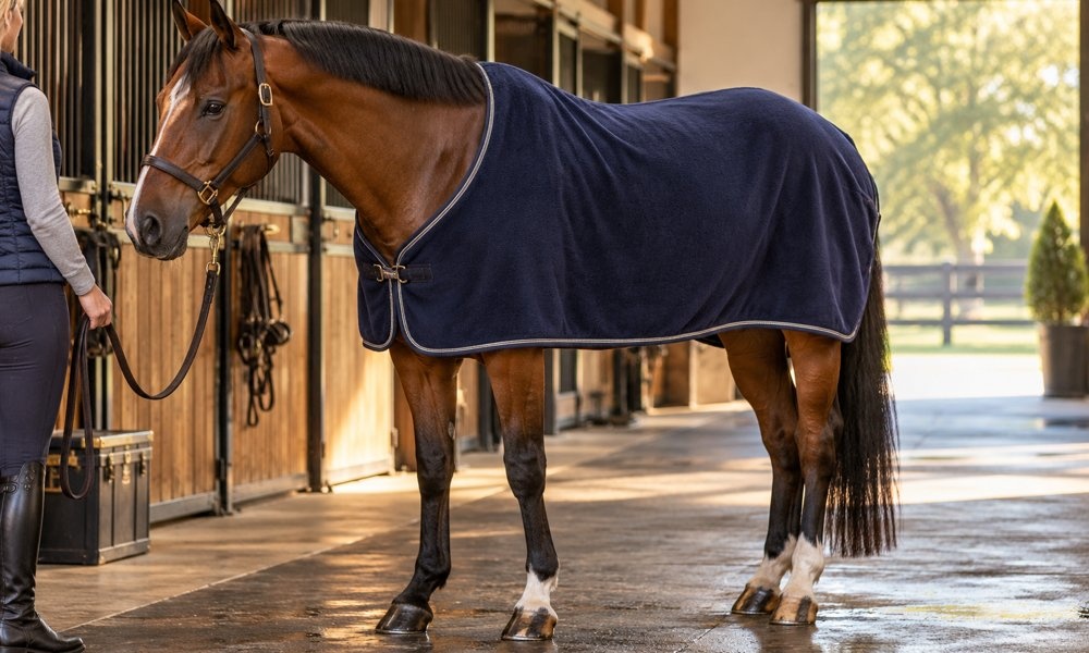Horse wearing a fleece cooler after exercise in a stable
