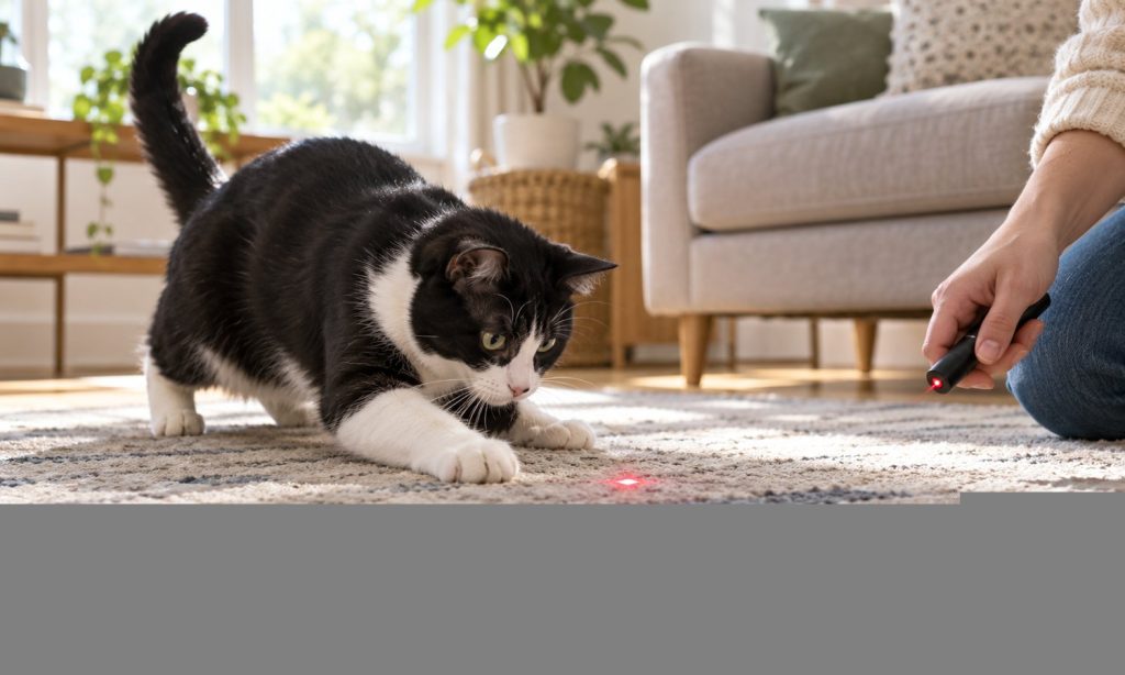 Black and white cat reaching for a laser dot on a living room rug