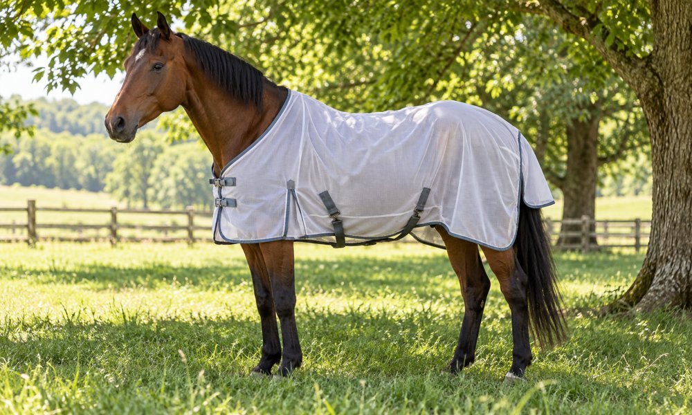 Bay horse wearing a lightweight mesh summer fly sheet in a pasture
