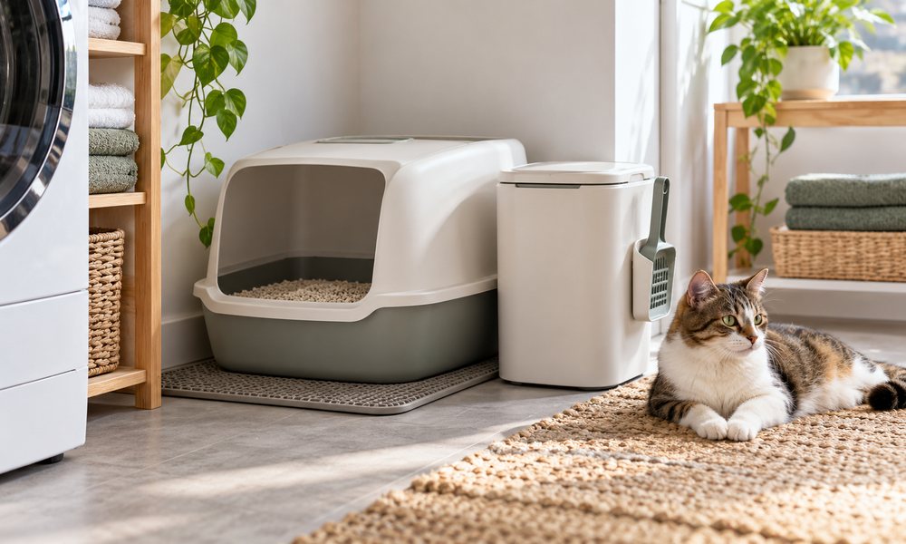 Compact litter disposal pail beside a litter box in a tidy apartment laundry nook