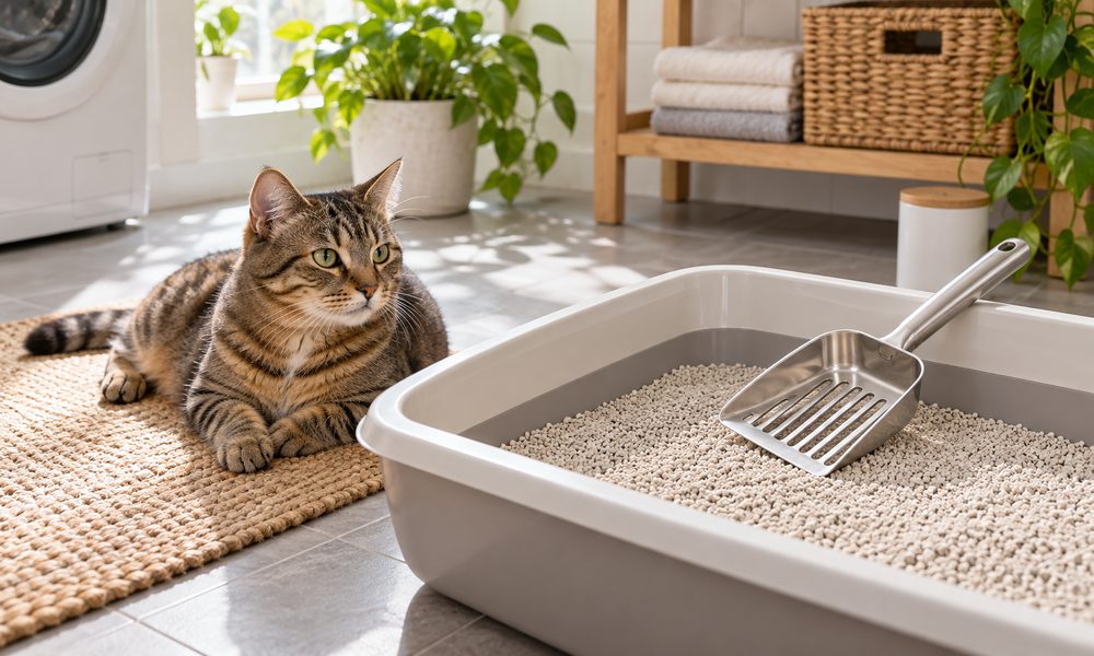 Stainless steel slotted litter scoop over a clean litter box beside a tabby cat