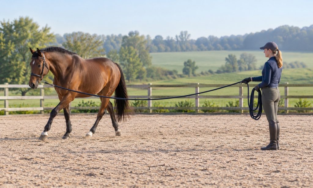 A handler works a bay horse on a long line in an outdoor arena