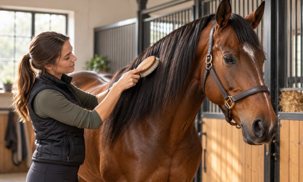 A handler gently brushes a bay horse’s mane in a stable