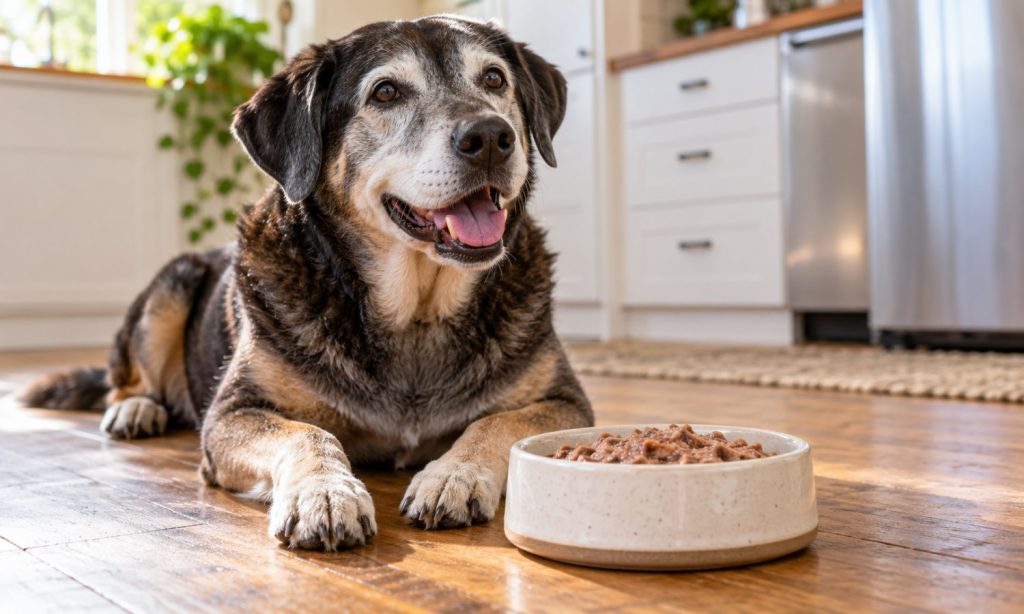 Older golden retriever eating moist food from a bowl at home