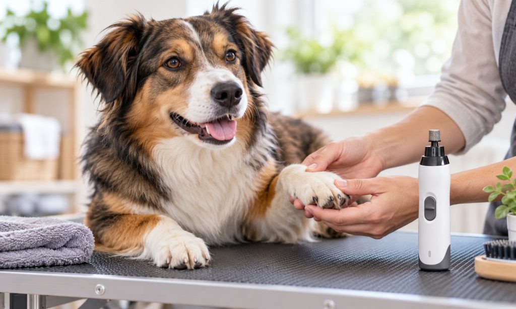 Dog having its paw gently held beside a cordless nail grinder