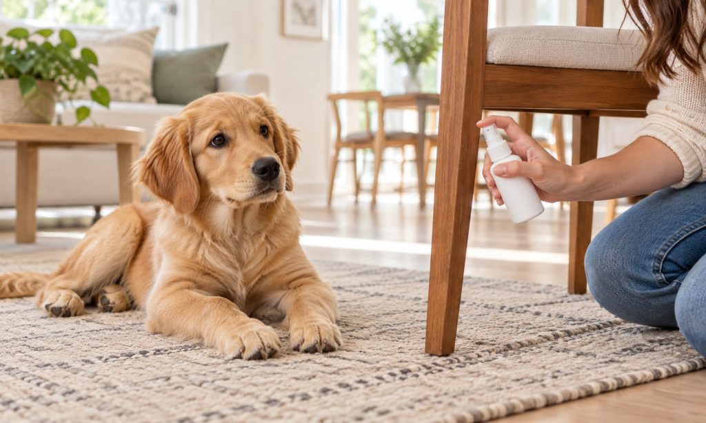 Dog beside a wooden chair during a calm training session