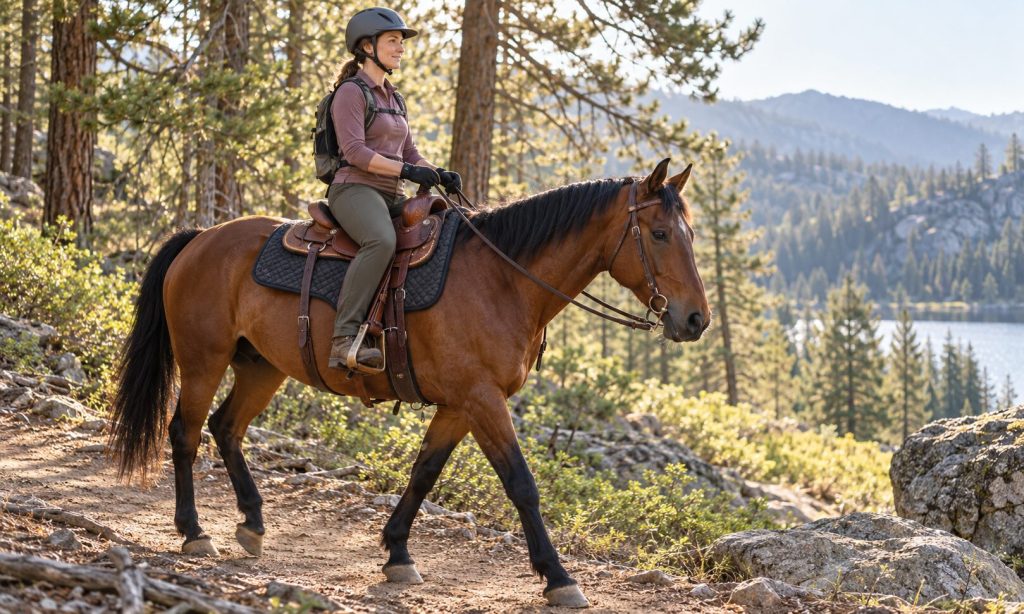 A bay horse wearing a dark saddle pad beneath a Western trail saddle while walking on a wooded trail