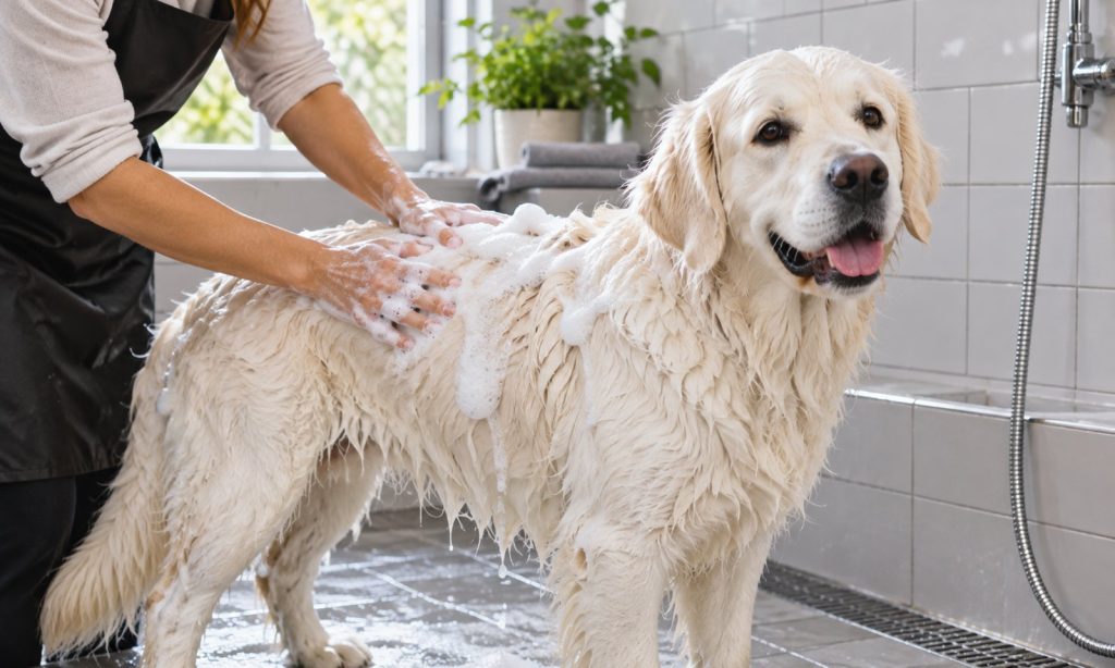 Dog receiving a gentle bath in a tiled wash area