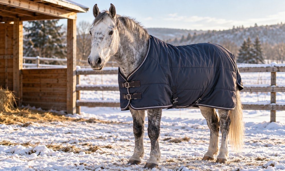 Older gray horse wearing a warm turnout blanket in a sheltered paddock