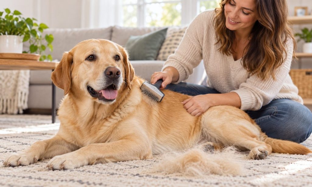 Golden Labrador being gently brushed during grooming