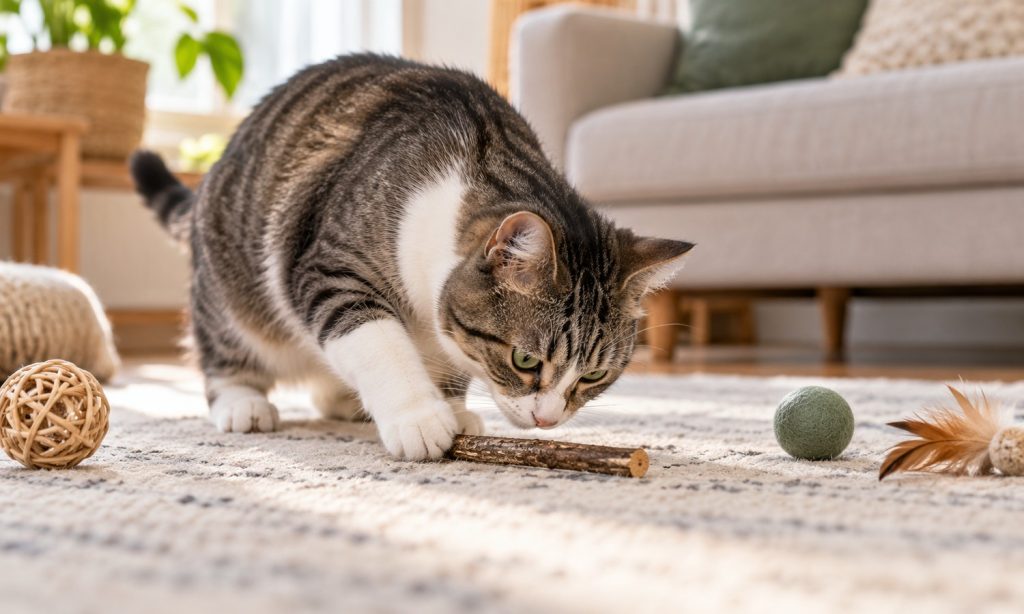 Curious cat batting a silvervine chew toy on a living-room rug