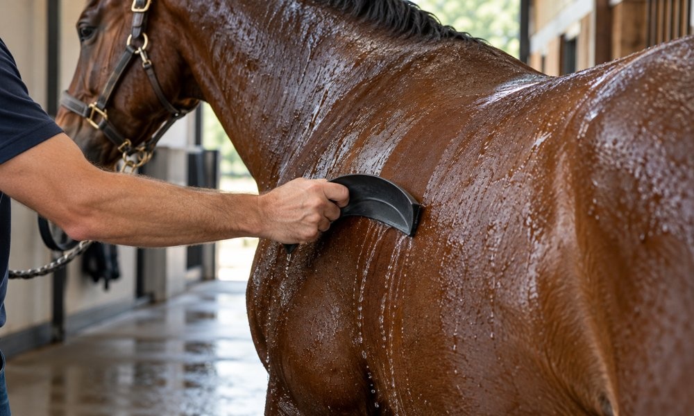 Groom using a sweat scraper on a wet horse after bathing