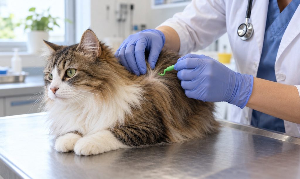 A veterinarian carefully checks a cat’s coat for ticks