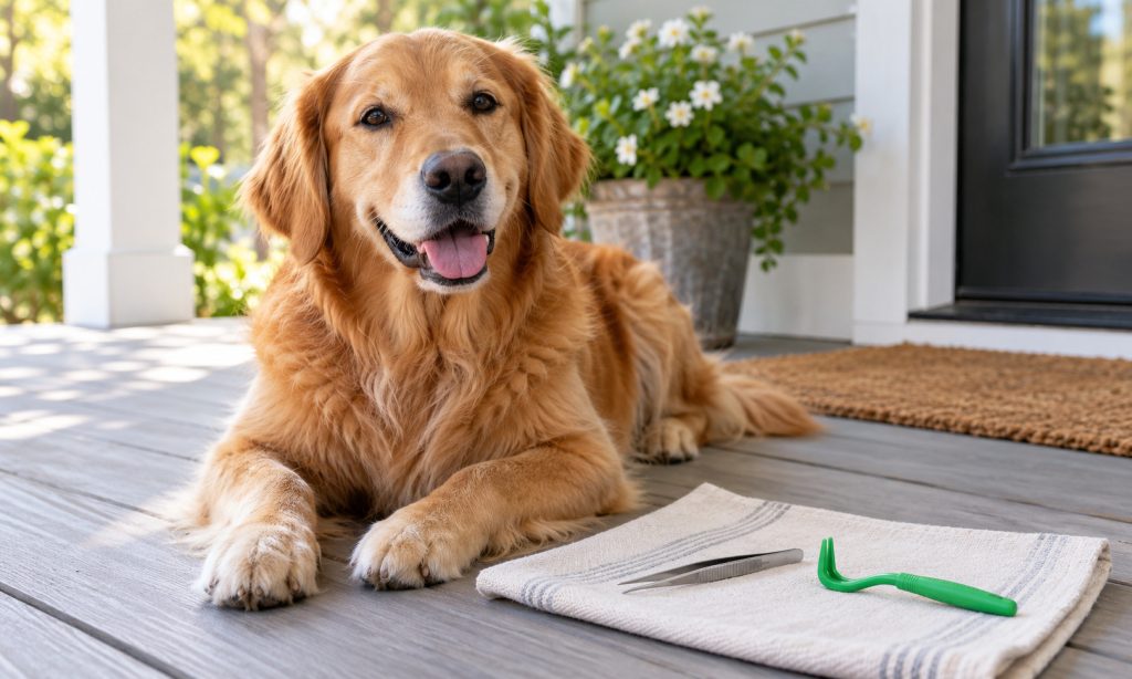 Golden retriever beside fine-tip tweezers and a generic tick-removal hook after an outdoor walk.