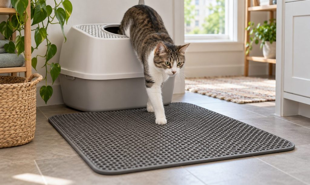 Cat stepping out of a top-entry litter box onto a litter mat