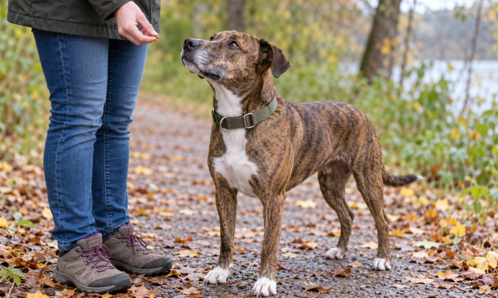 Brindle dog wearing a comfortable martingale collar during reward-based training