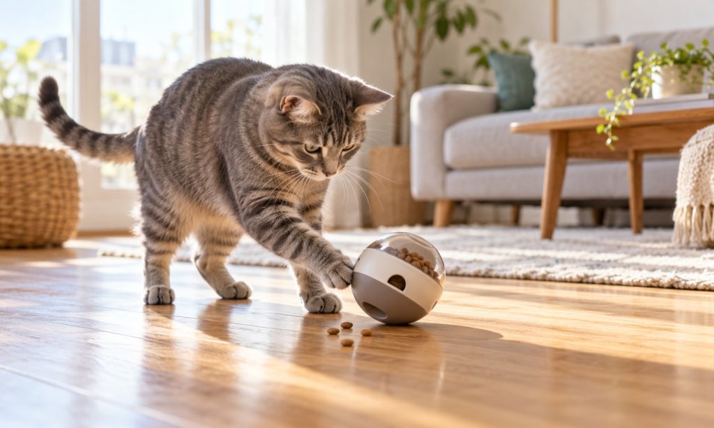 Gray tabby cat batting a treat dispensing toy on a living room floor