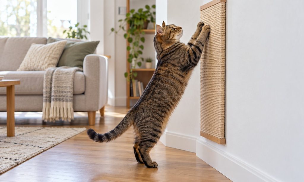 Brown tabby cat stretching up to scratch a sisal panel mounted on a wall