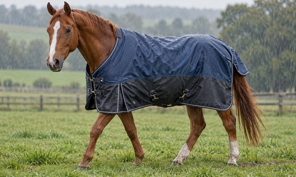 Chestnut horse wearing a waterproof turnout blanket in rain