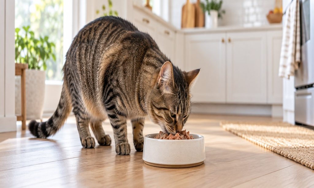 Adult tabby cat eating wet food from a ceramic bowl at home