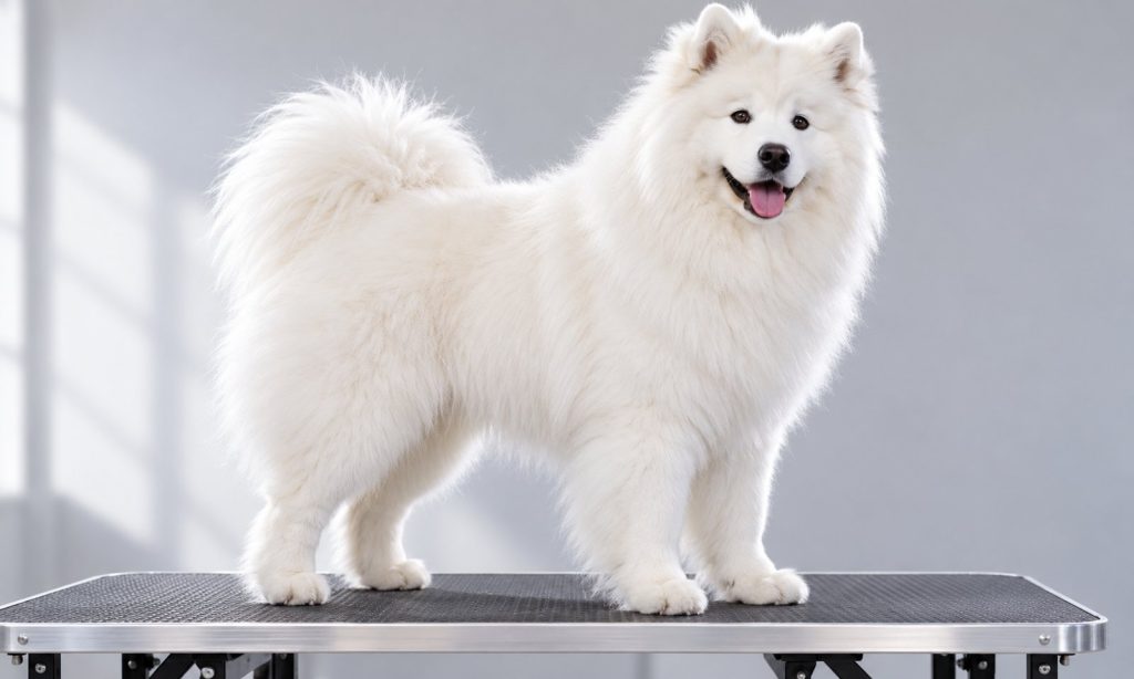 Clean white dog standing on a grooming table after a bath