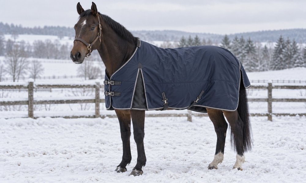Dark horse wearing a medium weight winter turnout blanket in snow