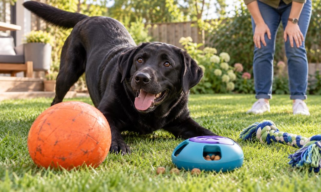 A large black Labrador plays with a ball and puzzle toys on a grassy lawn