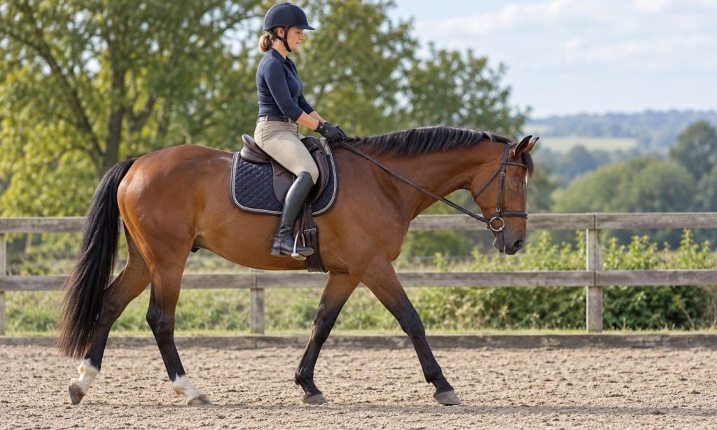 Rider using light, steady rein contact on a relaxed horse at walk