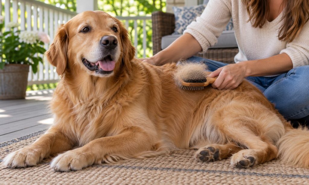 Owner gently brushes a relaxed golden retriever on a shaded porch during seasonal shedding.