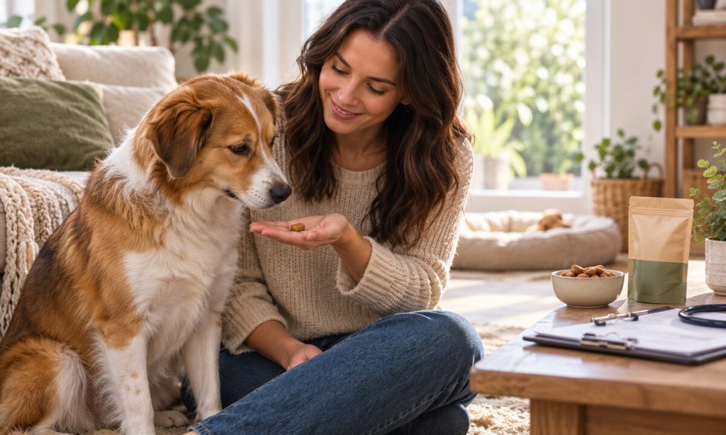A relaxed dog accepts a small treat from its owner in a calm home.