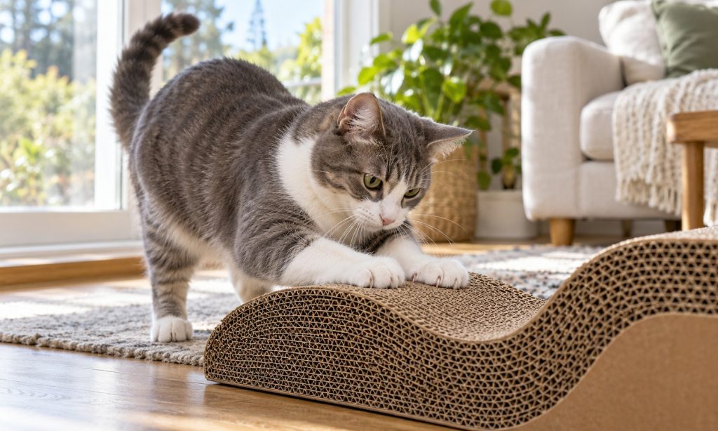 Gray and white cat scratching a corrugated cardboard scratcher beside a sunny window