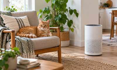 Ginger cat resting beside an unbranded air purifier in a tidy apartment