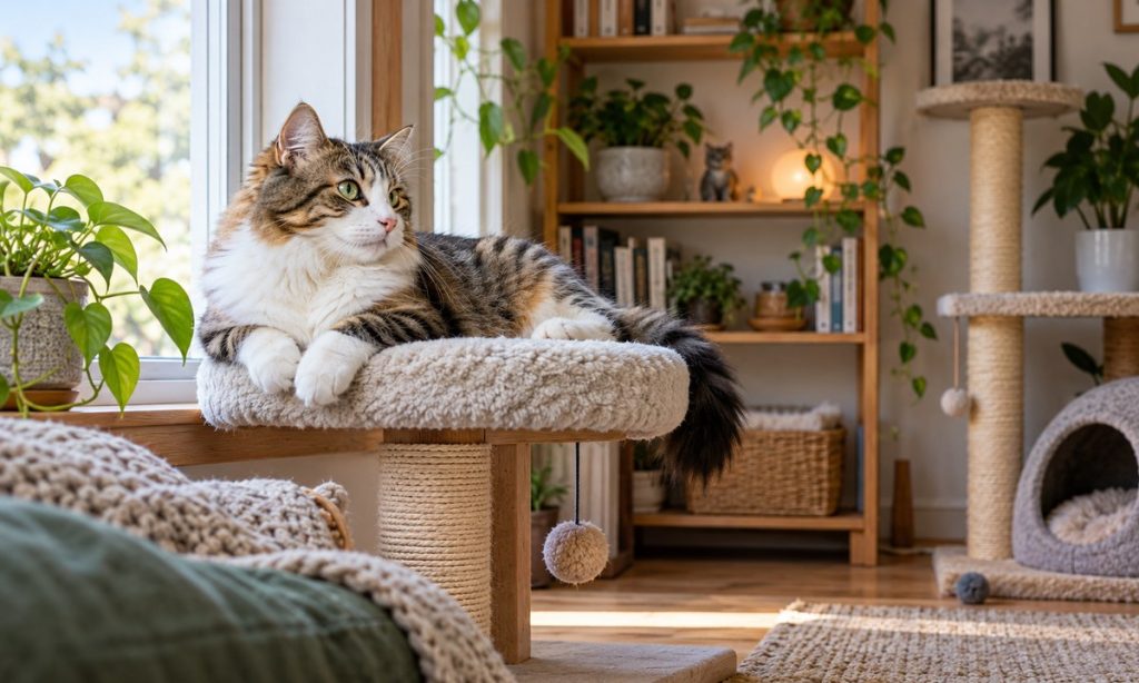 A cat rests on a window perch in a calm, enriched home